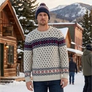 Pac Sun On the‎ Byas Men's Nordic Fair Isle Winter Cream, Navy, and Red Sweater